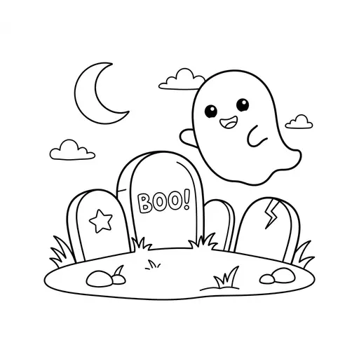 Ghost Coloring Page — Floating Above Funny Gravestones