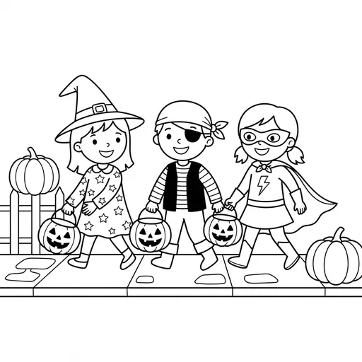 Trick Or Treat Coloring Page — Walking Down The Street With Buckets