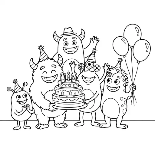 Monster Coloring Page — Having A Birthday Party With Cake