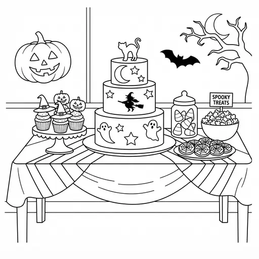 Dessert Table Coloring Page for Adults — Tiered Cake and Spooky Treats