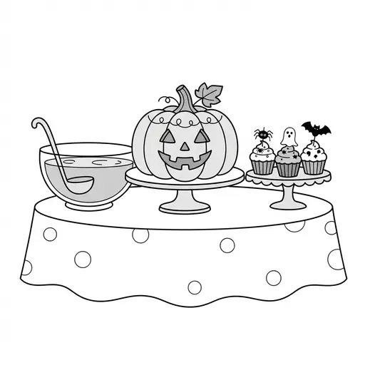 Party Table Coloring Page — Pumpkin Cake and Cupcakes
