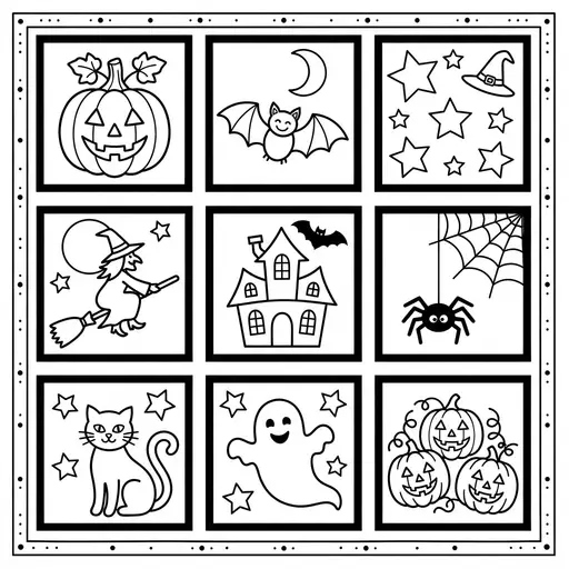 Quilt Pattern Coloring Page for Adults — Pumpkins and Bats in Squares