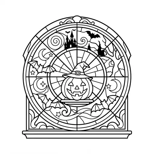 Jack-O-Lantern Coloring Page for Adults — Wearing a Witch Hat in Stained Glass