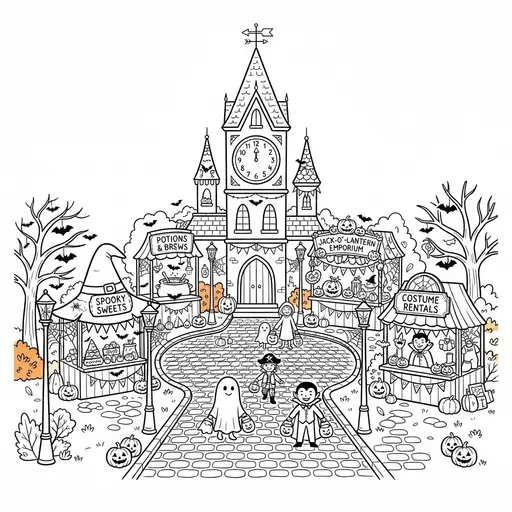 Haunted Village Coloring Page for Adults — Square with a Clock Tower and Shops