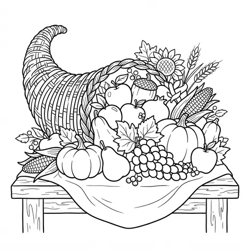 Cornucopia Coloring Page for Adults — Overflowing with Fruit and Gourds