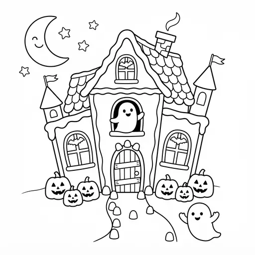 Haunted House Coloring Page — Made of Gingerbread With Gumdrop Pumpkins