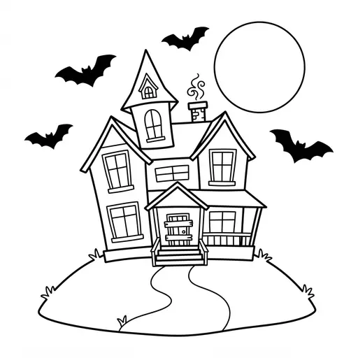 Haunted House Coloring Page — On a Hill With Bats and Full Moon