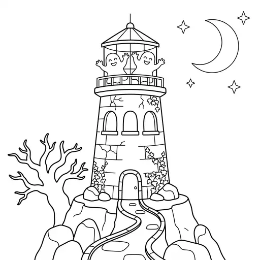 Lighthouse Coloring Page — With Ghosts Waving From the Top