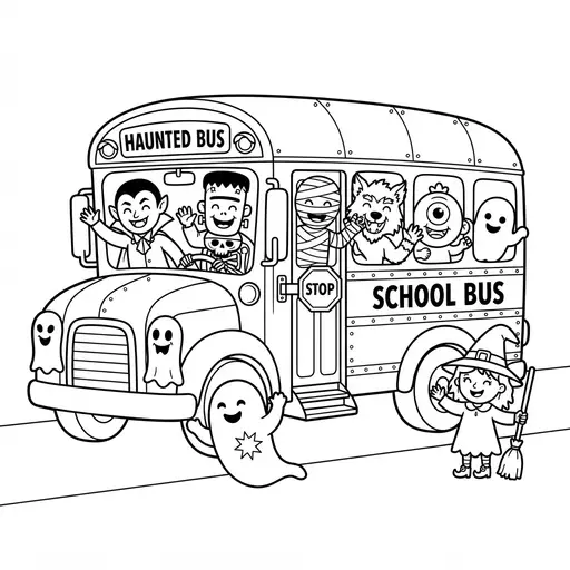 School Bus Coloring Page — Full of Friendly Monsters