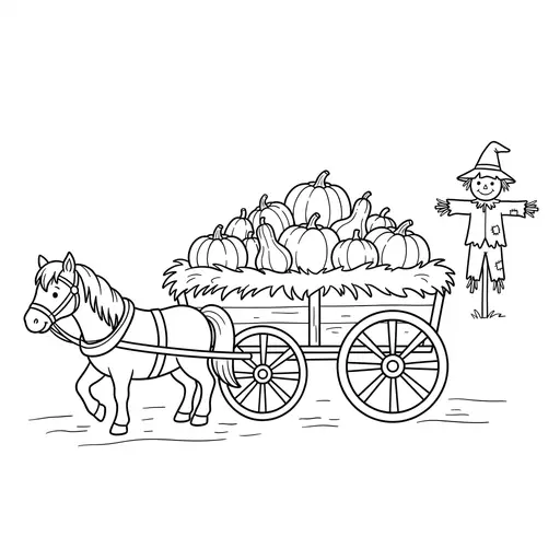 Hay Ride Coloring Page — Wagon Full of Pumpkins