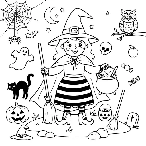 Witch Coloring Page for Adults — Surrounded by Hidden Objects