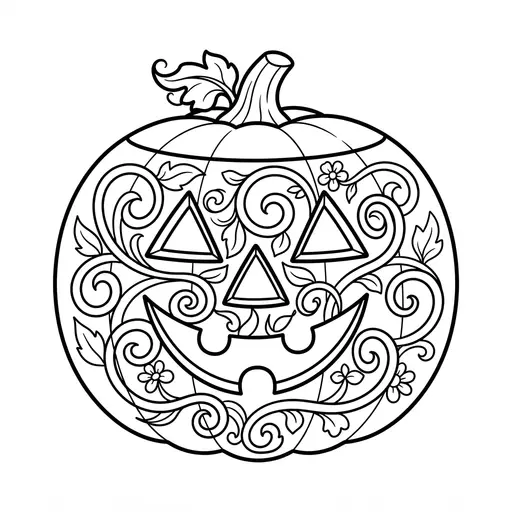 Jack-O-Lantern Coloring Page for Adults — With Swirling Vine Patterns
