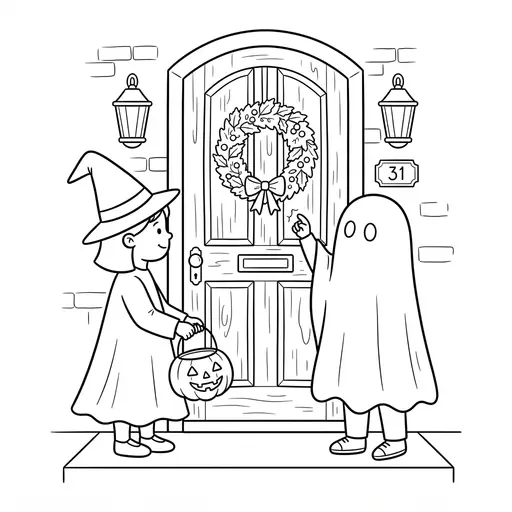 Trick Or Treat Coloring Page — Knocking on a Front Door
