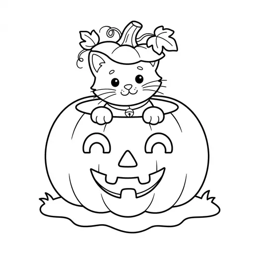Easy Kitten Coloring Page — Sitting Inside a Jack-o-Lantern