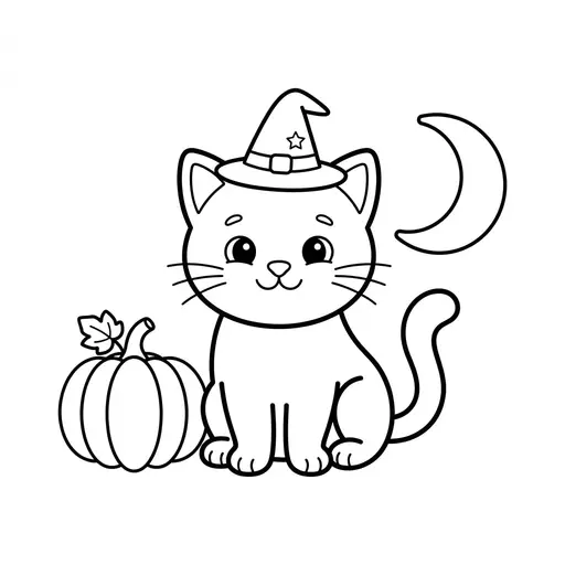 Easy Kitten Coloring Page — Wearing a Tiny Witch Hat