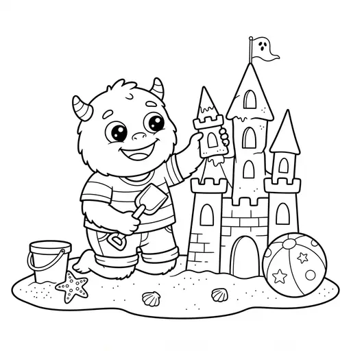 Monster Coloring Page — Building a Sandcastle