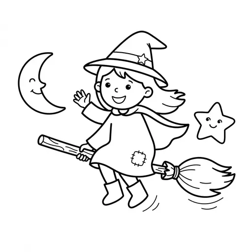 Easy Witch Coloring Page — Riding a Broomstick