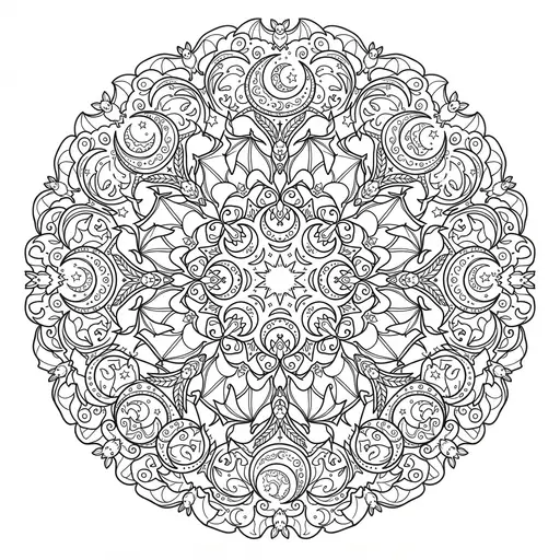 Bat Coloring Page — Mandala of Bats and Crescent Moons