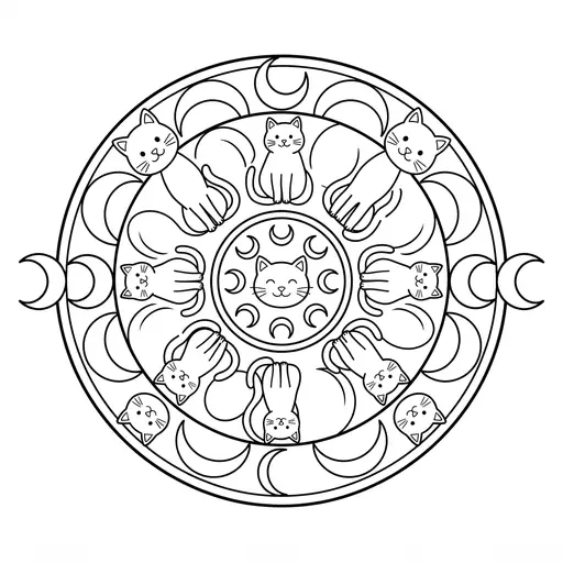 Cat Coloring Page for Adults — Mandala with Crescent Moons