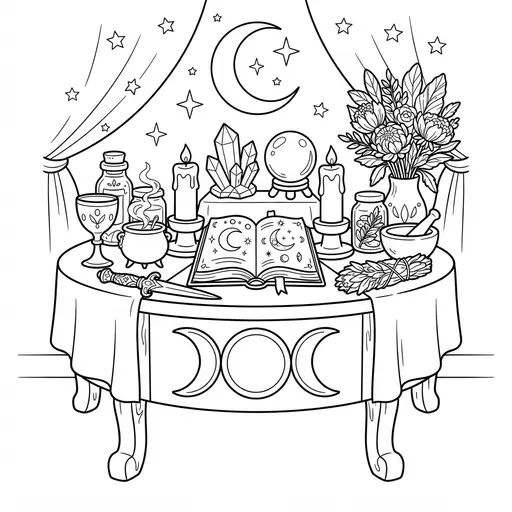 Witch Altar Coloring Page for Adults — Crystals and Moon Phase Backdrop