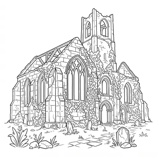 Church Coloring Page for Adults — Ruins with Arched Windows and Ivy