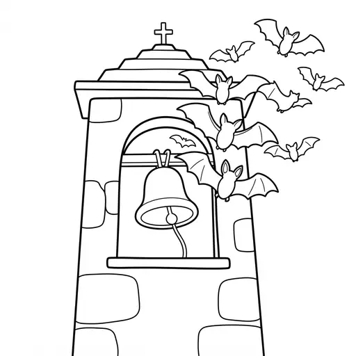 Bell Tower Coloring Page — Bats Flying Out