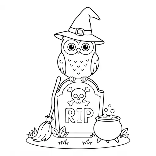 Owl Coloring Page — Wearing Witch Hat on Gravestone