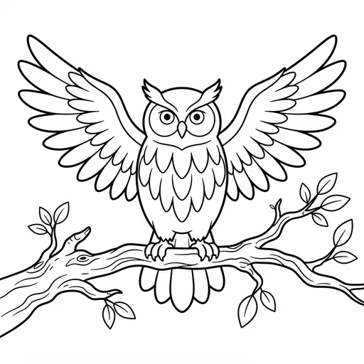 Owl Coloring Page for Adults — Spread Wings on a Twisted Branch