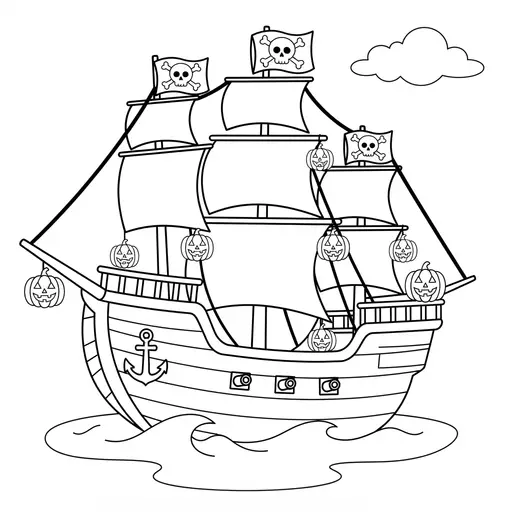 Pirate Ship Coloring Page — Decorated With Jack-O-Lanterns