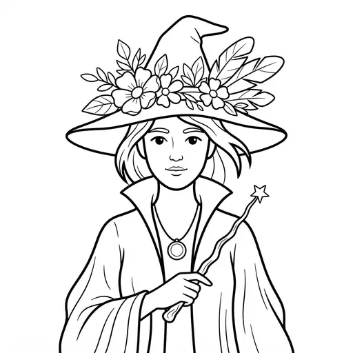 Witch Coloring Page for Adults — Wearing a Floral Hat