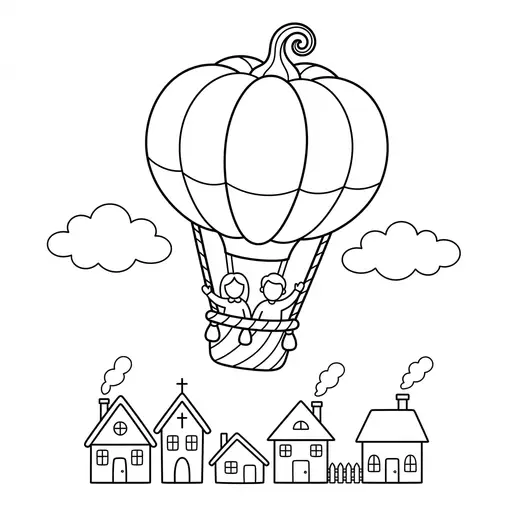 Hot Air Balloon Coloring Page — Shaped Like a Pumpkin Floating Over a Village