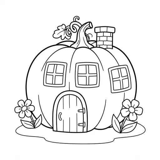 Pumpkin House Coloring Page — With a Door, Windows, and a Chimney