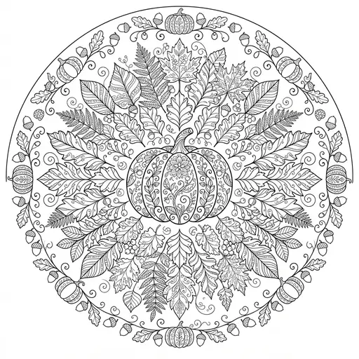 Pumpkin Coloring Page — Mandala With Leaves Arranged in a Circle