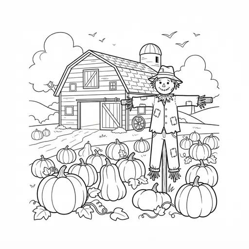 Scarecrow Coloring Page for Adults — In a Pumpkin Patch With a Rustic Barn