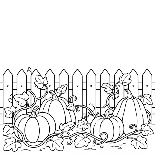 Pumpkin Patch Coloring Page — With Vines and a Wooden Fence