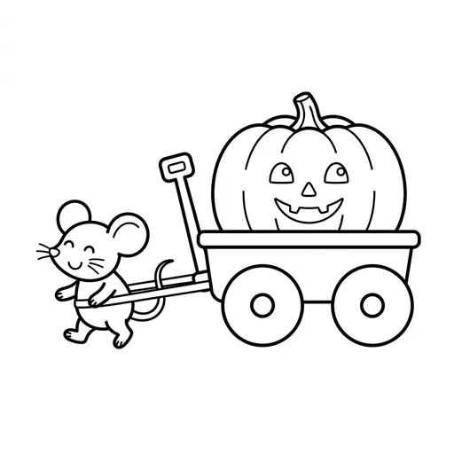 Easy Jack-O-Lantern Coloring Page — In a Wagon Pulled by a Mouse