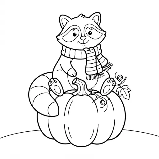 Raccoon Coloring Page — Wearing a Scarf on a Pumpkin