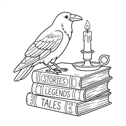 Raven Coloring Page for Adults — Perched on a Stack of Books