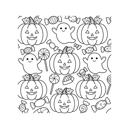 Pumpkin Coloring Page — Pattern with Ghosts and Candy