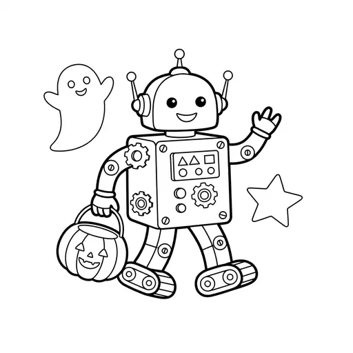 Easy Robot Coloring Page — Carrying a Trick or Treat Bucket