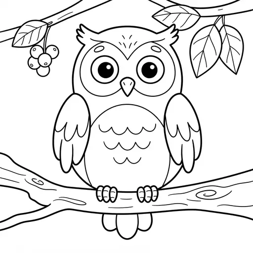 Easy Owl Coloring Page — Sitting on a Tree Branch