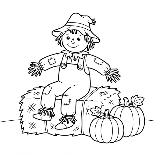Scarecrow Coloring Page — Sitting on a Hay Bale