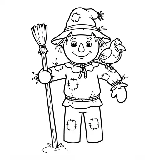 Easy Scarecrow Coloring Page — Big Smile and Patched Hat