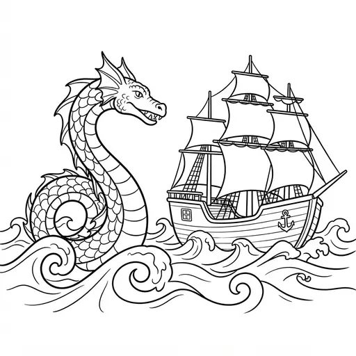 Sea Serpent Coloring Page for Adults — Rising From Waves Beside a Ship