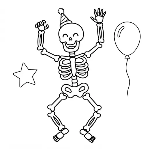 Easy Skeleton Coloring Page — Wearing a Party Hat Dancing
