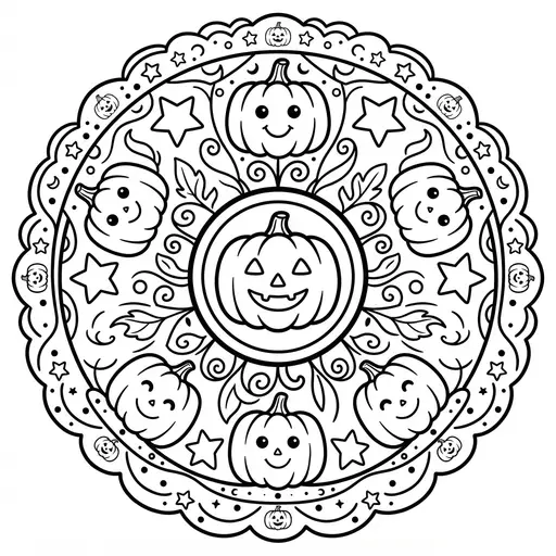 Easy Pumpkin Coloring Page — Mandala With Stars and Smiling Faces