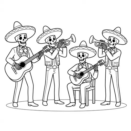 Skeleton Coloring Page for Adults — Mariachi Band Playing Instruments
