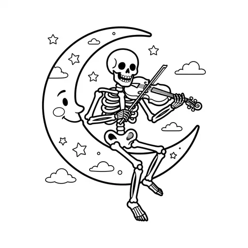 Skeleton Coloring Page for Adults — Playing Violin on Crescent Moon