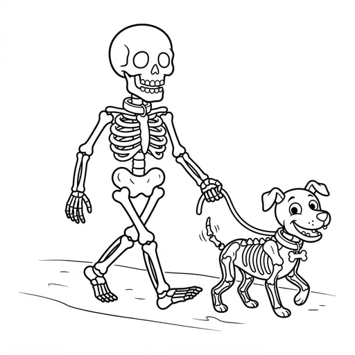 Skeleton Coloring Page — Walking a Dog on Leash