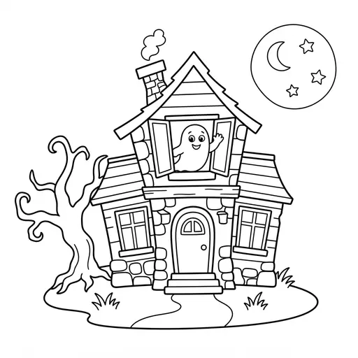 Easy Haunted House Coloring Page — With a Friendly Ghost